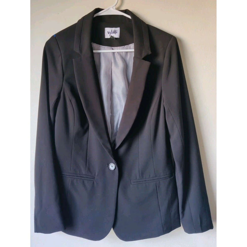 Vylette Women's Black Blazer One Button Long‎ Sleeve Soft Striped Lining Medium